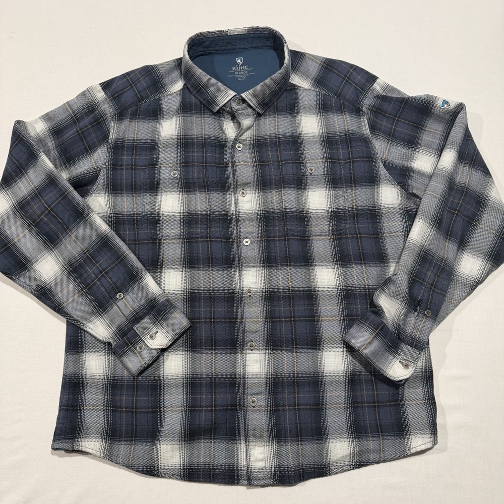 KUHL Plaid Flannel Shirt Mens XL Long Sleeve Button Up Blue Gray Hiking Outdoor